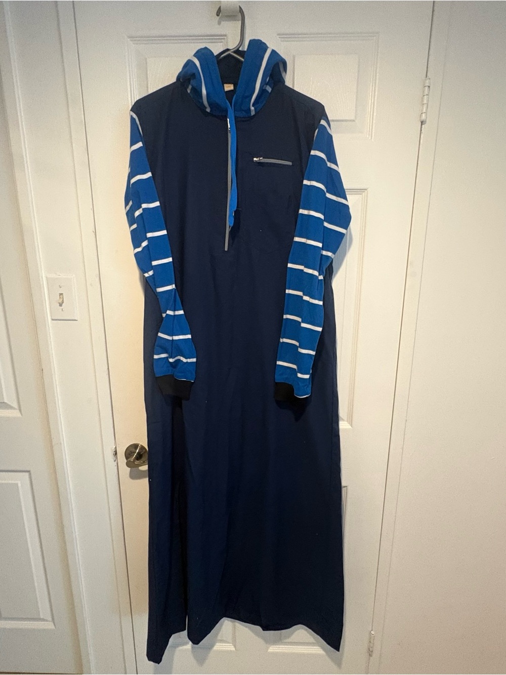 Navy Hooded Mens Kurta with Blue Striped Sleeves